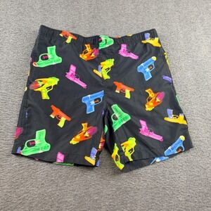 Brooklyn Cloth Volley Shorts Men's Small Black Neon Water Gun Print Swim Trunks